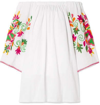 Studio - Off-the-shoulder Embroidered Crinkled-cotton Mini Dress - White