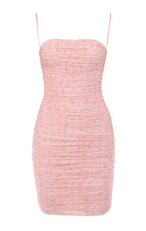 Clothing : Bodycon Dresses : 'Ella' Pink Floral Ruched Organza Mesh Mini Dress