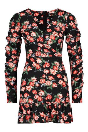 Petite Floral Ruched Sleeve Frill Hem Mini Dress | Boohoo black