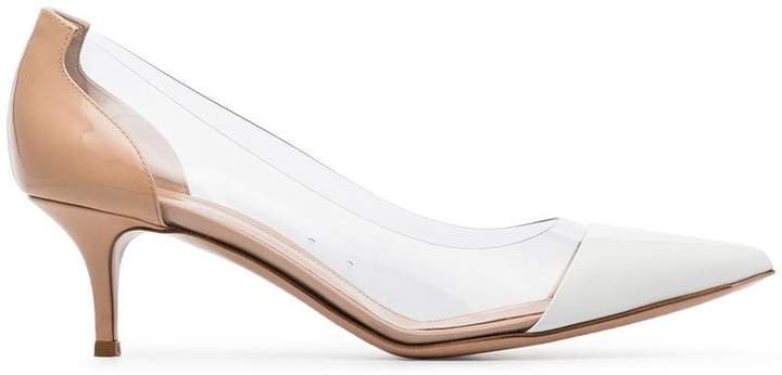 white and beige patent leather 55 plexi pumps