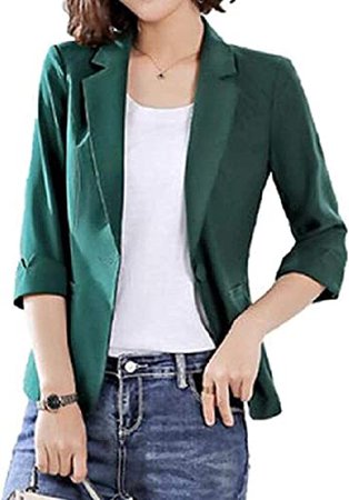 Women Slim Solid Color Casual 3/4 Sleeve Work OL Blazer Jacket Suit Coat at Amazon Women’s Clothing store