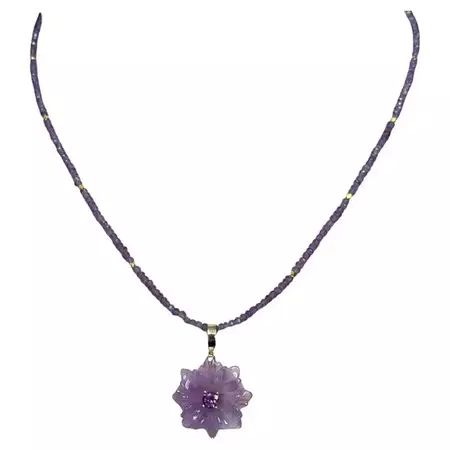 Hand Carved Amethyst Flower Pendant and Bead Necklace with Yellow Gold Accents For Sale at 1stDibs
