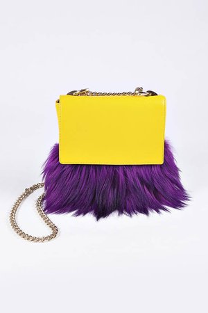 Yellow Leather Bag w/ Gold Chain and Mountain Goat fur Yellow