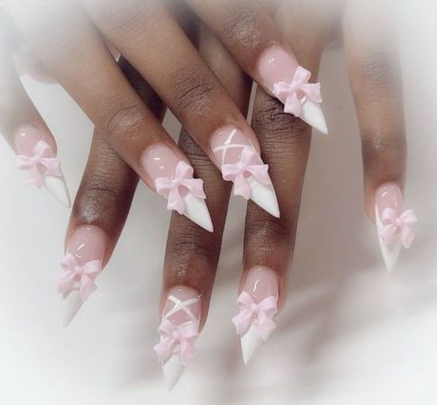 pink bow french tip nails