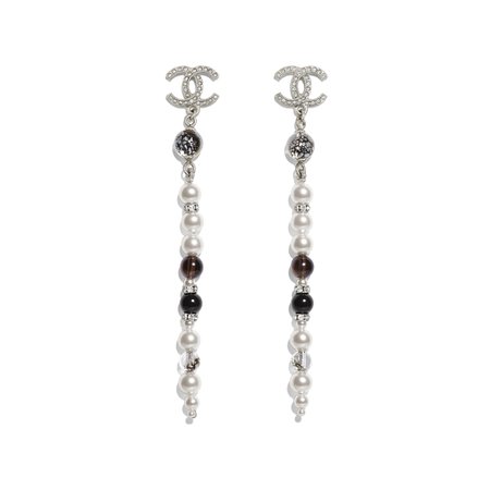 Metal, Natural Stones, Glass Pearls & Strass Silver, Pearly White, Black & Crystal Earrings | CHANEL