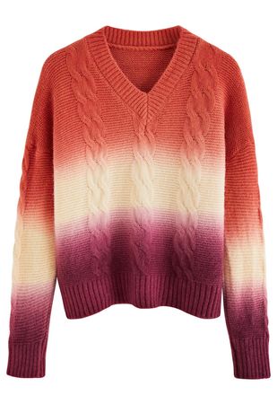 Sunset Ombre V-Neck Cable Knit Sweater - Retro, Indie and Unique Fashion