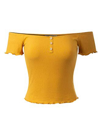 Design by Olivia Women's Short Sleeve Off Shoulder Lettuce Hem Rib Top at Amazon Women’s Clothing store:
