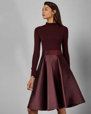 Frill neck full skirt dress - Maroon | Dresses | Ted Baker ROW