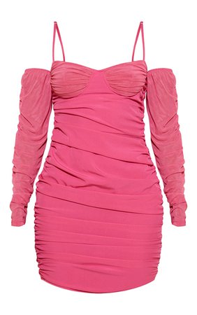 Hot Pink Woven Ruched Mesh Insert Bardot Bodycon Dress - Short Dresses - Dresses - Women's Clothing | PrettyLittleThing USA