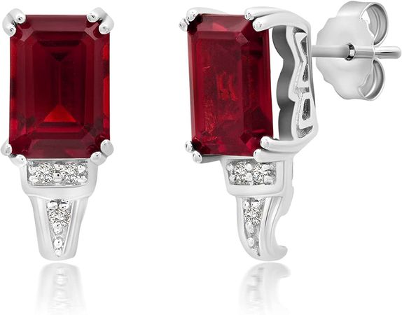 Amazon.com: Emerald Cut Created Ruby Stud Earrings for Women in 925 Sterling Silver 7 x 5 mm July Birthstone with Created White Sapphire Push Back by Nicole Miller Fine Jewelry: Clothing, Shoes & Jewelry