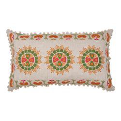Orange and Green Embroidered Folk Cushion with White Pom-Poms - Cushions - Penny Morrison
