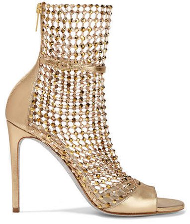 Crystal-embellished Mesh And Metallic Leather Sandals - Gold