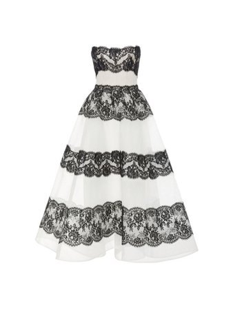Black and white lace striped strapless dress