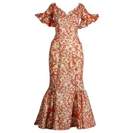 1950s Vintage Surf and Shore Hawaiian Silk Screen Print Dress with Bell Sleeves For Sale at 1stDibs