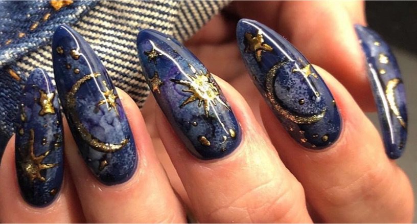 blue sky nails with gold moon & Star
