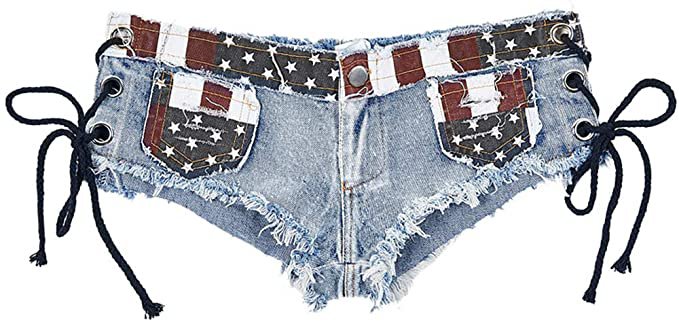 Sexyshine Women's Sexy Low Waist Rise Hot Pants American Flag High Cut Mini Denim Bandage Beach Clubwear Booty Shorts at Amazon Women’s Clothing store