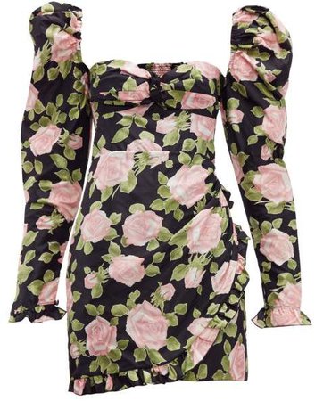 Puff Sleeve Rose Print Silk Mini Dress - Womens - Black Pink