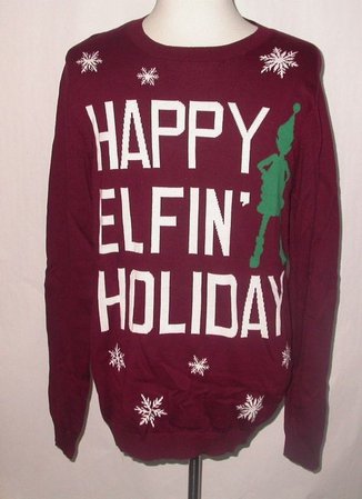 Santa Tell Me Happy Elfin Holiday Ugly Christmas Sweater Large
