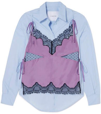 Pushbutton - Convertible Layered Cotton-poplin, Silk-charmeuse And Lace Shirt - Lilac