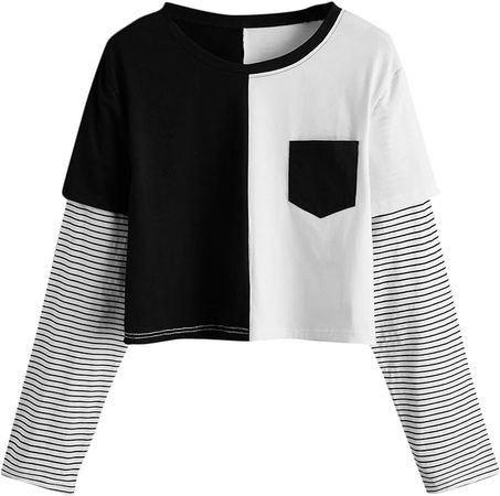 SweatyRocks Women's Color Block Butterfly Print Striped Long Sleeve Crop Top T Shirt Graphic Black White XL at Amazon Women’s Clothing store