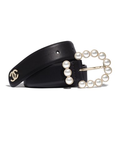Belt, lambskin, gold-tone metal & glass pearls, black - CHANEL