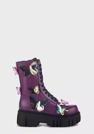 Current Mood 3D Iridescent Butterfly Combat Boots - Purple – Dolls Kill
