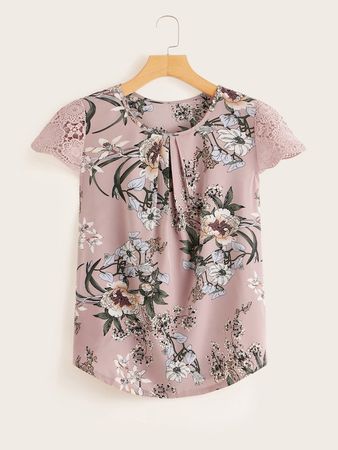 Contrast Lace Cuff Floral Print Blouse | SHEIN