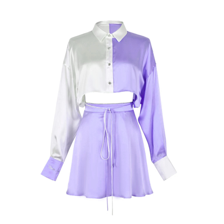 purple and white top and skirt set