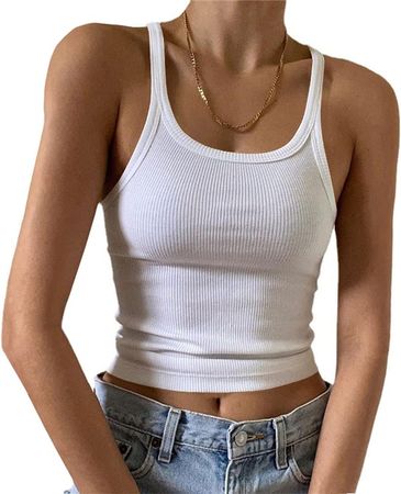 Artfish Women's Sleeveless Tank Top Form Fitting Scoop Neck Ribbed Knit Basic Cami Tight Fitted White S at Amazon Women’s Clothing store