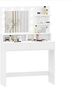 Amazon.com: Reettic Vanity Table with Lighted Mirror and Shelf, Makeup Vanity Desk with Drawers, Bedroom Dressing Table,10 Light Blubs & Adjustable Brightness, White RSZT103W : Home & Kitchen
