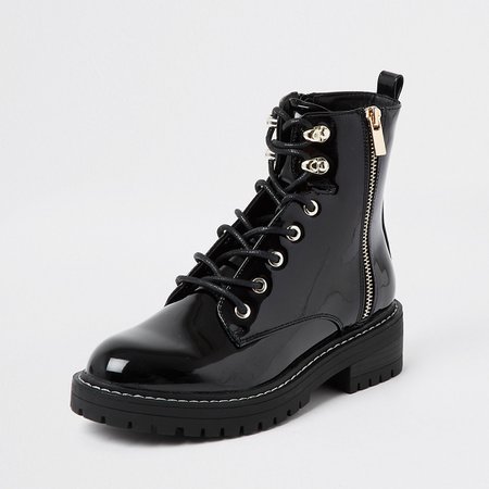 Black patent lace up chunky boot | River Island
