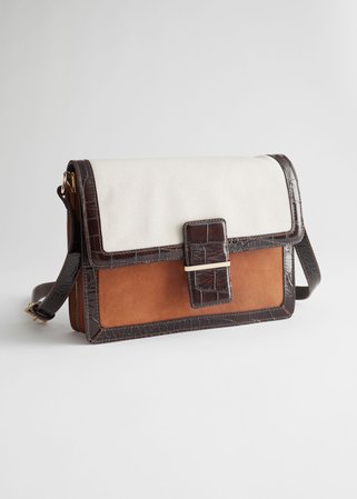 Suede Canvas Flap Crossbody Bag - Brown, Creme - Shoulderbags - & Other Stories