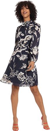 Maggy London Women's Long Sleeve Dress with Mock Neck with Tie, Navy/Tan, 8 at Amazon Women’s Clothing store
