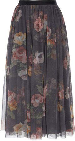 Venetian Rose Floral-Print Tulle Skirt