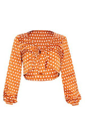 Burnt Orange Satin Polka Dot Tie Front Blouse | PrettyLittleThing USA