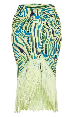 Green Zebra Print Tassel Hem Midi Skirt | PrettyLittleThing USA