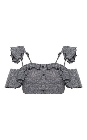 Black Ruffle Sleeve Rib Knit Top | Knitwear | PrettyLittleThing