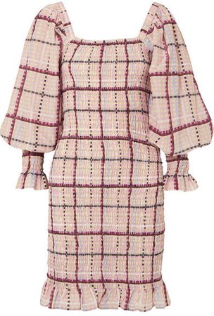 Shirred Checked Cotton And Silk-blend Mini Dress - Pink