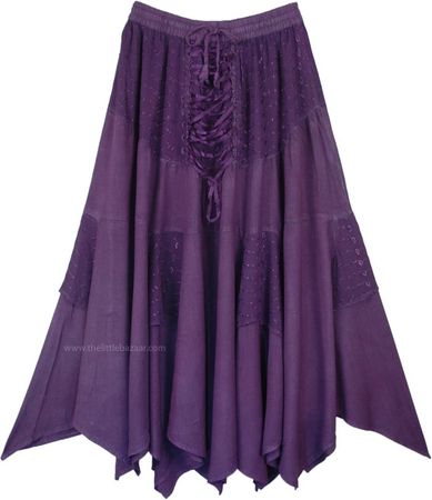 Bossanova Medieval Renaissance Western Chic Long Skirt | Purple | Patchwork, Stonewash, Lace, Misses, High-Low, Handkerchief, Dance, Fall, Solid, Bohemian, Halloween,Western-Skirts