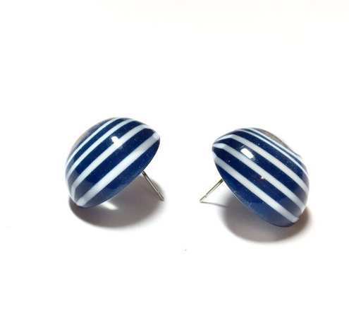 Navy Blue Striped Retro Button Stud Earrings