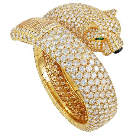 Cartier Diamond Panther Cuff Bangle Watch For Sale at 1stDibs | panther cartier, cartier bangle watch, diamond panther bracelet