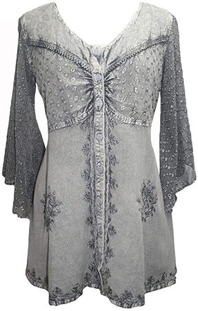 18607 B Medieval Button Down Sheer Lace Sleeve Top Blouse (M, Silver) at Amazon Women’s Clothing store