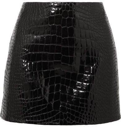 Glossed Croc-effect Leather Mini Skirt - Black