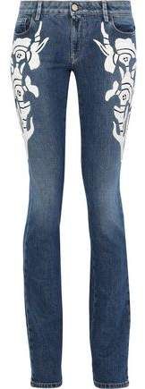 Embroidered Faded Mid-rise Slim-leg Jeans