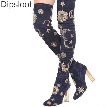Embroidered Thigh-High Boots | Moon and Stars