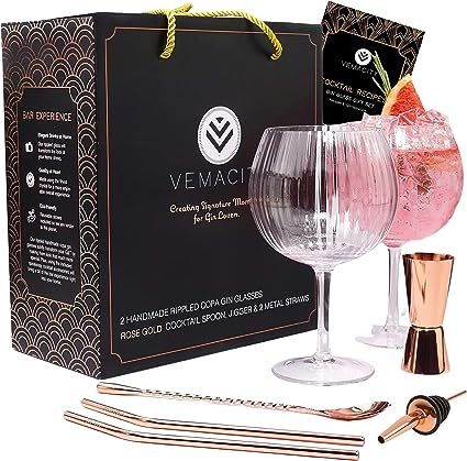 Amazon.com | Vemacity Ribbed Gin Glasses Set of 2 | Handmade Gin Glass Gift Set | Rose Gold Cocktail Spoon, Spirit Measure, Spirit Pourer, 2 x Metal Straw & Recipe e-Book | Aperol Spritz Glasses | Cocktail Glasses: Mixed Drinkware Sets
