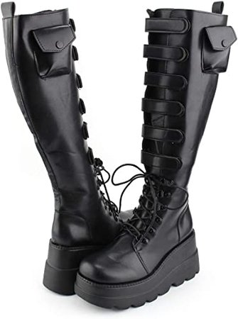 Amazon.com | SWYIVY Women's Black Over The Knee Platform Chunky Boots Sexy Thigh Wedge Buckle Side-Zip Lace-Up Motorcycle Riding | Over-the-Knee