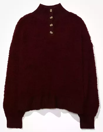 AE Oversized Sherpa Henley Sweater burgundy