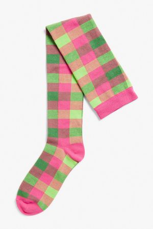 Pink and green check print knee high socks - Pink & green - Monki GB