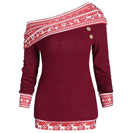 Womens Christmas Patterns Snowflakes Deer Fold-Over Collar Ruched Sweater: Clothing
